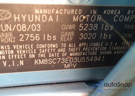 2003 Hyundai Santa Fe Lx/Gls из США, поврежденный, VIN KM8SC73E03U554941